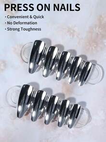 24片/套 Y2K 长杏仁银色魔法金属铬闪亮中杏仁按压式美甲贴纸，全息美甲闪粉美人鱼镜粉珍珠极光人造假指甲，包含1片果冻胶和1把指甲锉。银色和铬色美甲贴纸会让你的指尖闪耀动人，非常适合女性和女孩日常工作和参加锐舞派对。 - 銀色 - 查看 3