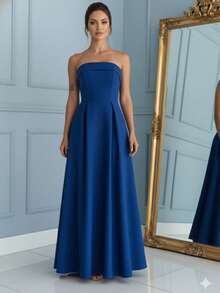 FS Concept Long Dress With Straight Neckline And Strapless Yoke, Elegant Premium Style, Bridesmaid Dress, Party Dress, Graduation Dress, Linen Blend. - 寶藍色 - 查看 1