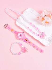 3件套女孩礼物：3D蝴蝶软硅胶表带儿童手表、创意LED发光石英学生手表、奢华公主亚克力蝴蝶项链手链首饰套装 - 粉色 - 查看 6