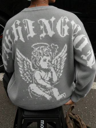 Höst/vinter Ny Personlig Ängel Mönster Jacquard Stickad Avslappnad Retro Mångsidig Långärmad Rund Halsad Tröja