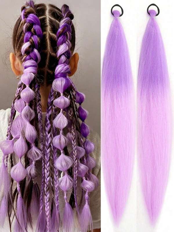 26Inch Halloween Kids Extension Purple Ombre Colorful DIY Braiding Hair Extensions Synthetic Long Yaki Straight Heat Resistrant Fluffy Ponytail Extension For Girls Hair Accessories