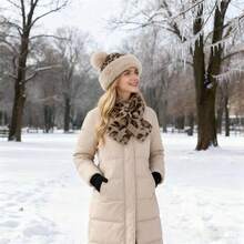 2pcs/Set Leopard Print Vintage Polyester Fleece Scarf & Beanie Hat, Autumn/Winter