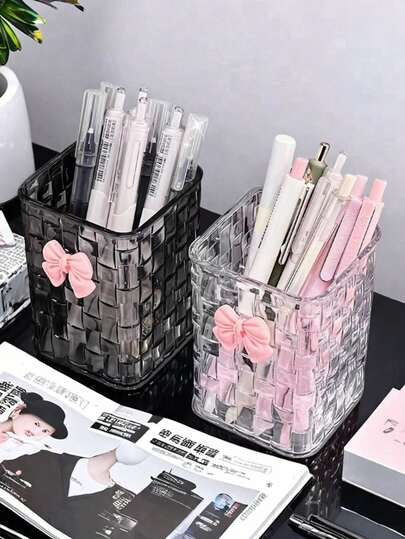 Durable Clear Acrylic 1pc Desk Organizer With Bow Accent Clear Acrylic Desktop Organizer Pen Holder And Storage Box Portable Lightweight Organizer Cosmetic Storage Box Pen Holder Desk Organizer Vanity Accessories Beauty Storage Essential Multifunctional Transparent Display Case For Bathroom Office Home Decor