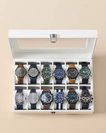 Caja de Relojes con 12 Compartimentos, Estuche de Relojes con Tapa de Cristal, Cojín Extraíble, Cierre Metálico, Regalo, Cuero Sintético Blanco y Forro Blanco - Blanco - Ver 4