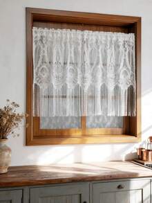 1pc White Lace Curtain With Long Tassels, Floral Embroidery Pattern, Princess Style, Sheer Short Cafe Curtain, Suitable For Kitchen, Bathroom, Bedroom Doorway, Rod Pocket Top - White - View 9