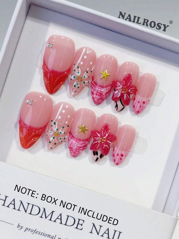 10 Unhas Postiças Acrílicas Artesanais Rosa e Transparente com Formato Amêndoa, Curtas, com Design Floral 3D, Ferramentas para Unhas Postiças para Casamento, Aniversário, Festa, Estilo Francês Fofo