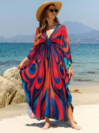 Vestido largo de mujer bohemio con cuello en V y mangas tipo murciélago, ropa de estar cómoda y holgada tipo kaftan