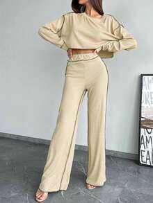 两件套：米色纹理滚边短款上衣和阔腿裤，时尚休闲套装，针织面料，230克 - 卡其色 - 查看 5