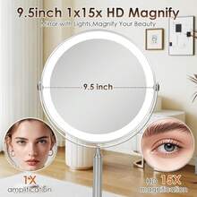 Professional 8.5 Large Lighted Makeup Mirror With Brighter Lights, 1X/10X True Magnifying Mirror With 3 Color Dimmable Lights, 90 Shadowless LEDs, 360°Swivel Seamless Vanity Mirror, Pearl Nickel - 15倍可充電銀 - 查看 3