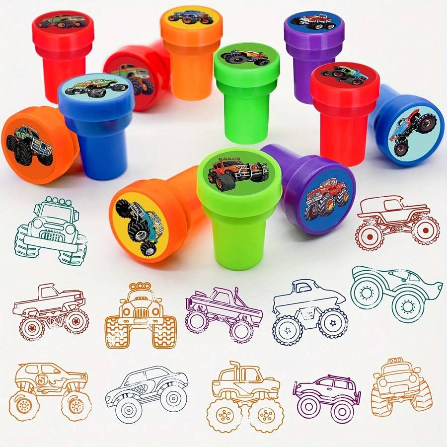 6/12/24/36個怪獸卡車派對印章，卡車與汽車生日禮物，派對用品，教室獎勵，適合男孩與女孩的絕佳派對禮物，適用於怪獸卡車愛好者、萬聖節、聖誕節