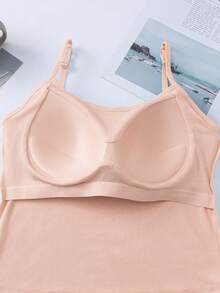 1 Áo hai dây gân màu trơn có đệm ngực dành cho nữ, áo ba lỗ ngắn thường ngày - Màu be - Xem 4