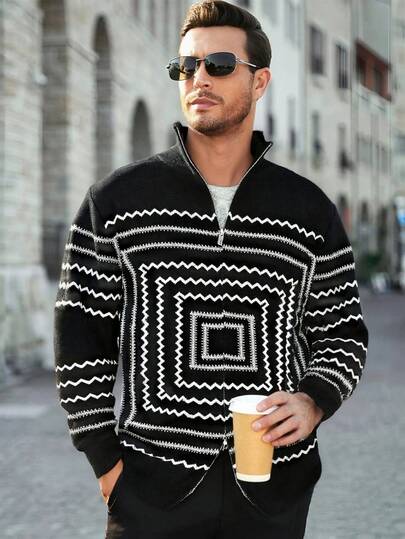 Herren Lässig Geometrisches Muster Reißverschluss Strickjacke, Herbst/Winter