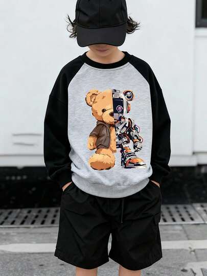 黑色圆领卫衣，印有暴力机械熊图案，适合青少年男孩穿着，休闲运动、旅行和聚会等场合。面料柔软，可机洗，休闲时尚，适合旅行、聚会和校园穿着。