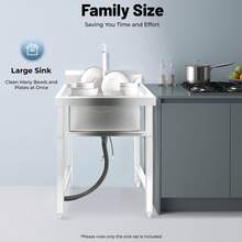 Freestanding Stainless Steel Sink With Adjustable Height, Large Capacity, 4.33" Drain, 360° Rotatable Faucet, Ideal For Kitchen, Laundry, And Commercial Use - Silver - View 7