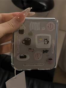 可爱DIY卡通猫腊肠犬简约插画果冻环氧树脂贴纸透明手机壳，兼容三星Galaxy Z Flip7 Flip6 Flip5 Z Flip 4 3，可爱动物图案折叠后盖 - 貓 - 查看 3