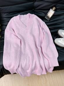 EAVA Sweet Lazy V領寬鬆軟針織女款毛衣上衣，街頭風女裝 - 粉色 - 查看 6