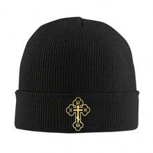 IC XC NIKA Unisex Orthodox Church Cross Knitted Hat - Winter Warmth, Gold Greek Letters And Cross Design, Soft Acrylic Knit, Suitable For Church, Greek Orthodox Church, Church Clothing, Sports Style, Durable Structure, Faith Apparel - 黑色 - 查看 3