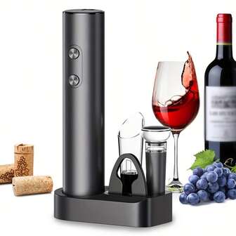 Automatic Electric Wine Opener Set, Foil Cutter, Stoppers, And Storage Base - Dry Battery Powered, Requires 4 AAA Batteries (Not Included) - Draw Vacuum Fresh-Keeping Cork, Pourer, Wine Wineware Set, Wine Pouring Wine Storage Set