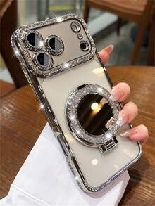Luxury Shiny Rhinestone Lens Protect Plating Anti-Drop Case With Shiny Glitter Makeup Mirror Ring Holder Bracket Phone Case Compatible With IPhone 17ProMax 17Pro 17 16Promax 15 14 Plus 13 12 Pro Max 11 17Air High Quality Shockproof Bumper Back Cover - Silver - View 3