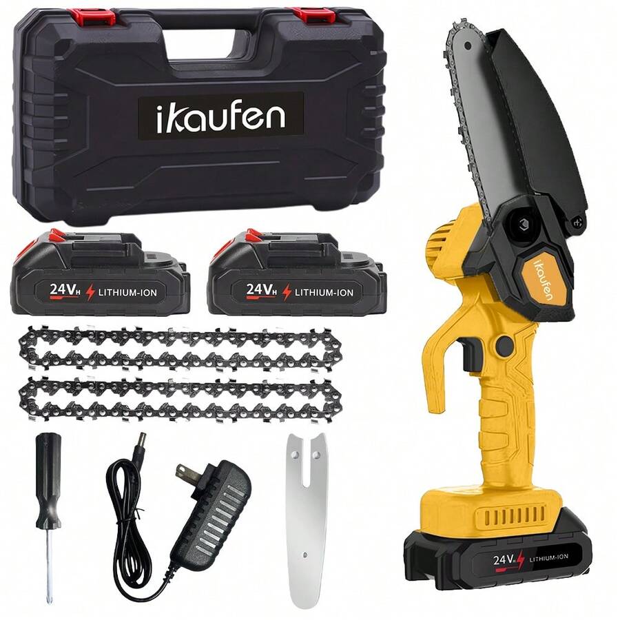4-Inch With 2 Batteries, 21V Cordless Power Chain Saws With Security Lock, Handheld Small Chainsaw For Wood Cutting And Tree Trimming Safety Lock, Portable For Tree Branches, Courtyard, Household, Gardens, Ideal Gift For Christmas - Yellow - View 1