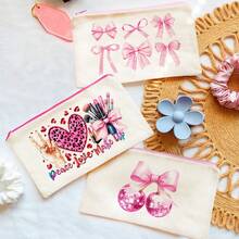 1/5/10/20pcs Cute Bow Pattern Canvas Zipper Bags Set, Y2K Style Bow Decor Jewelry Organizer Bags, Travel Cosmetic Bag, Pencil Case, Party Gift Bag Set, Toiletry Bag, Multipurpose Organizer Pouch Autumn University Essentials Travel Essentials For Holiday Vacation Travel Bag For Women Makeup Bag Makeup Organizer Make Up Bag - Beige - View 4
