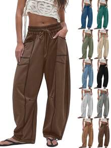 Women's Casual Cylinder Pants Wide Leg Casual Drawstring Sweatpants With Pockets - 咖啡棕 - 查看 3