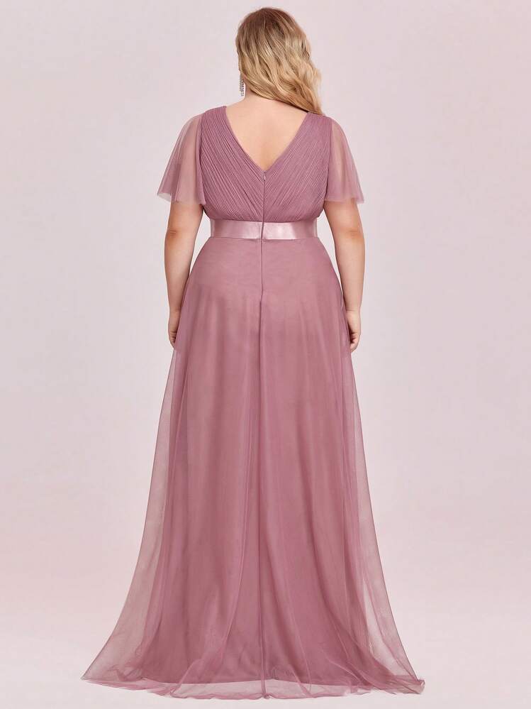 Plus Size Elegant V-Neck Dusty Pink Bridesmaid Long Dress, Ruffle Trim Short Sleeve, Suitable For Wedding, Party Spring - Dusty Pink - View 2