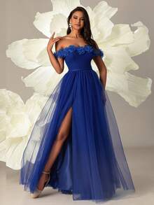 VIPGIRL Vestido de noche elegante de gasa azul real con hombros descubiertos, decorado con volantes florales y abertura alta - Vestido de gala formal para ocasiones especiales - azul real - Ver 6