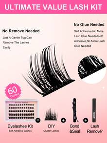 60 piezas Juego de pestañas individuales autoadhesivas con forma de C, incluye pinzas y rizador de pestañas, de 8-16 mm, Kit de extensión de pestañas DIY, pestañas segmentadas sin pegamento, con puntas afiladas, alargamiento de pestañas - Negro - Ver 4