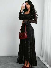 Women's Elegant French Romantic Sexy Square Neck Rose Lace Jacquard Vintage Double-Layer Ruffle Sleeve Asymmetric Hem Dress, Suitable For Dates, Vacations And Everyday Wear - Black - View 1