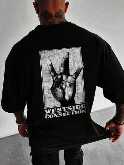 Camiseta de manga corta de cuello redondo para hombre de talla grande, estampado con gesto de mano creativo, versátil para el trabajo