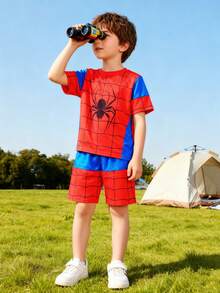 幼儿男童时尚派对休闲户外简约蜘蛛网拼色圆领短袖 T 恤和短裤套装，适合夏季 - 彩色 - 查看 7