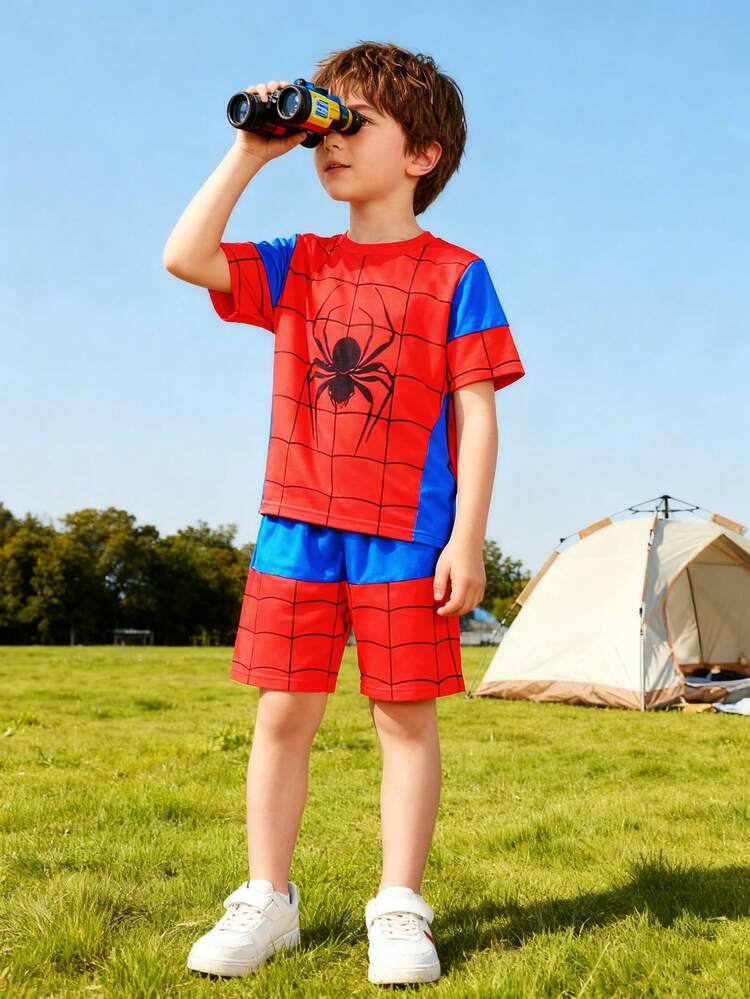 Conjunto de camiseta de manga corta con cuello redondo y pantalones cortos con diseño de telaraña de color block, elegante y casual para niños pequeños, adecuado para el verano - Multicolor - Añade 6