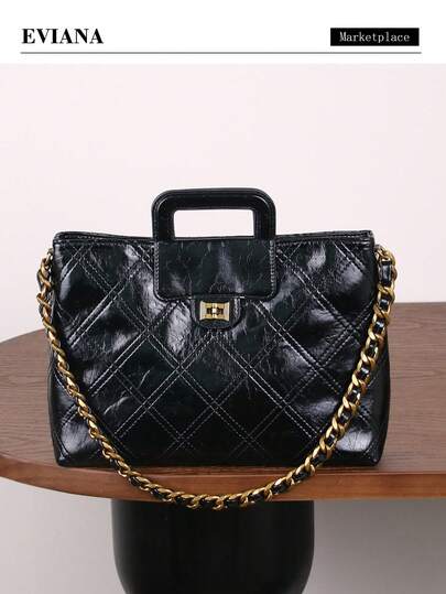 2025 New Fashion French Rhombus Pattern Women's Handbag, Niche Design High-Quality Chain Strap Tote Bag, Large Capacity Small Square Bag, Retro Shoulder Crossbody Bag For Commuting, Autumn/Winter