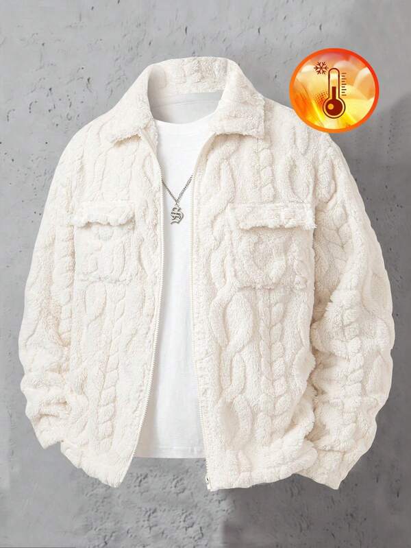 1 pieza Chaqueta con cremallera y cuello de forro polar texturizado de punto para adolescentes varones, cálida y elegante para uso casual, ir y venir, salidas, reuniones, nueva para otoño/invierno