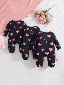 Conjunto de 3 piezas de mono para bebé recién nacido niña con estampado de cabeza de gato y corazón - Negro - Ver 2