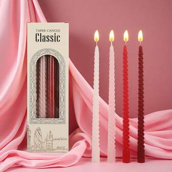 A Box Of 4 30CM Morandi Gradient Threaded Long-Stem Candles, Featuring A Classic European Spiral Design, Is Smoke-Free And . It Is Suitable For Home Atmosphere Decoration, Romantic Wedding Setups, And Birthday Party Candlelight Dinners
