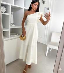 Elegant One-Shoulder Dress With Pocket And Zipper. - White - View 1