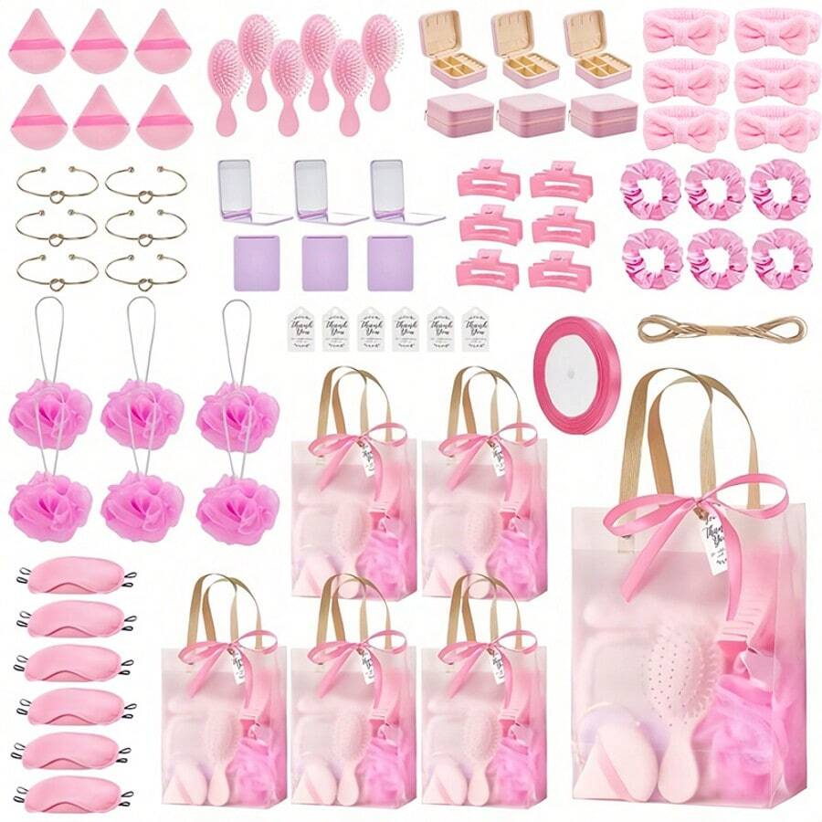 68/74PCS/6Sets Birthday Party Prizes For Winners Gifts Headband Hair Brush Jewelry Box Compact Mirror Powder Puff Hair Tie Claw Gift Bag Bridal Shower - 彩色 - 查看 1
