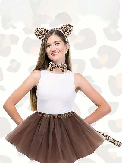 Animal Costume Set, Animal Headbands Ears Headband And Tail Set Animal Ears Headband For Cosplay,Leopard Print Outfit