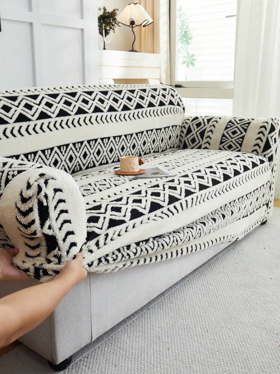 1件装阳离子柔软绒面防宠物沙发套，压花提花简约条纹图案，多色可选，加厚提花绒面沙发套，适用于1/2/3/4座沙发，秋冬季