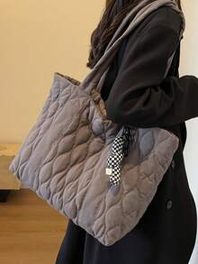 1个绗缝大容量单肩手提包，适合女性日常使用、工作通勤、上学、大学生使用，轻便可折叠短途旅行包，拉链封口，苔藓绿 - 深灰色 - 查看 14