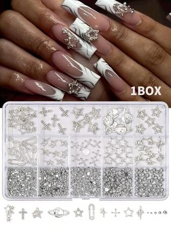 1 Box Y2K Silver 3D Nail Charms Set - Space Planets, Stars, Gothic Crosses, Pentagrams, Paperclip. Alloy Metal Nail Charms Inlaid With Rhinestones, Acrylic Half Pearls For Gel/Acrylic Nails | Edgy 2025 Nail Art Kit