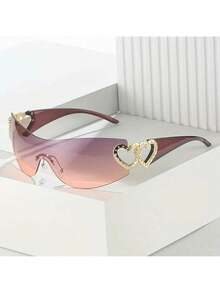 Y2K One-Piece With Heart-Shaped Decorative Frame And Wrap-Around Lenses For Women's Fashionable Eye Protection - 金紫粉紅 - 查看 2