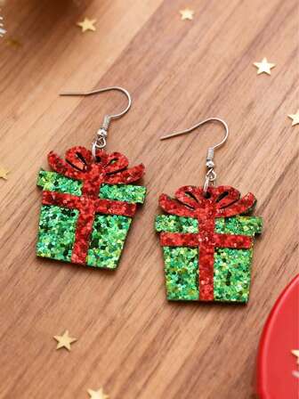 2件套时尚可爱圣诞红绿亮片皮革礼盒吊坠耳环，女士派对节日配饰