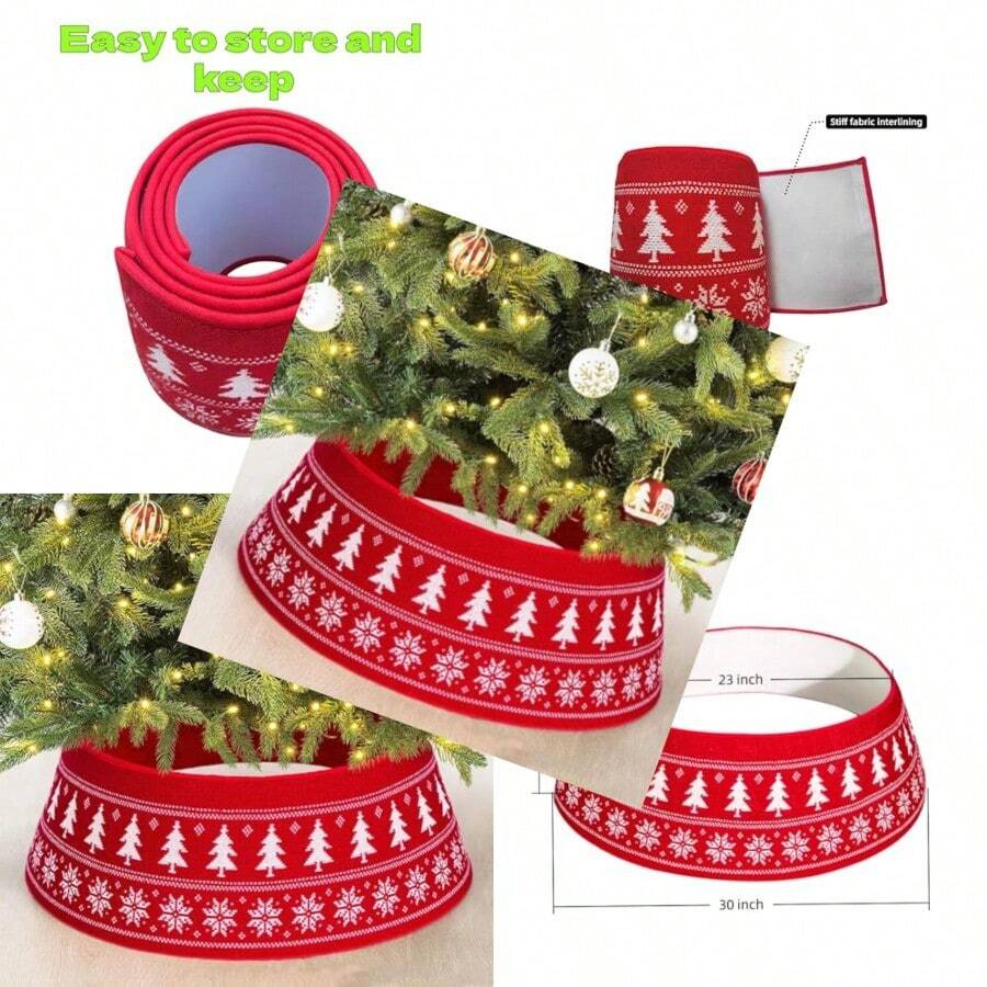 Collar de árbol de Navidad de punto para árboles de 5-9 pies falda de árbol ajustable de 23-30 pulgadas con copo de nieve y patrón de árbol de Navidad cubierta decorativa de base de Navidad rojo - Blanco - Ver 1