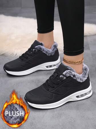 36-45 New Women's Shoes, Plush Lining Flat Shoes, Thick Sole Outdoor Running Shoes, Air Cushion Casual Sneakers