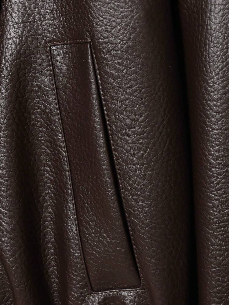 SHEIN x Luisa Sonza Seelio Autumn/Winter New Women's Fashion Leather Jacket, Minimalist European Style, Versatile Litchi Texture - Brown - View 9