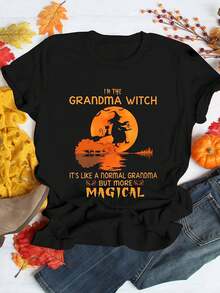 Camiseta de Halloween para mujer, ''Soy la bruja abuela'' estampado, manga corta, cuello redondo, estilo retro, camiseta casual de verano. - Negro - Ver 2