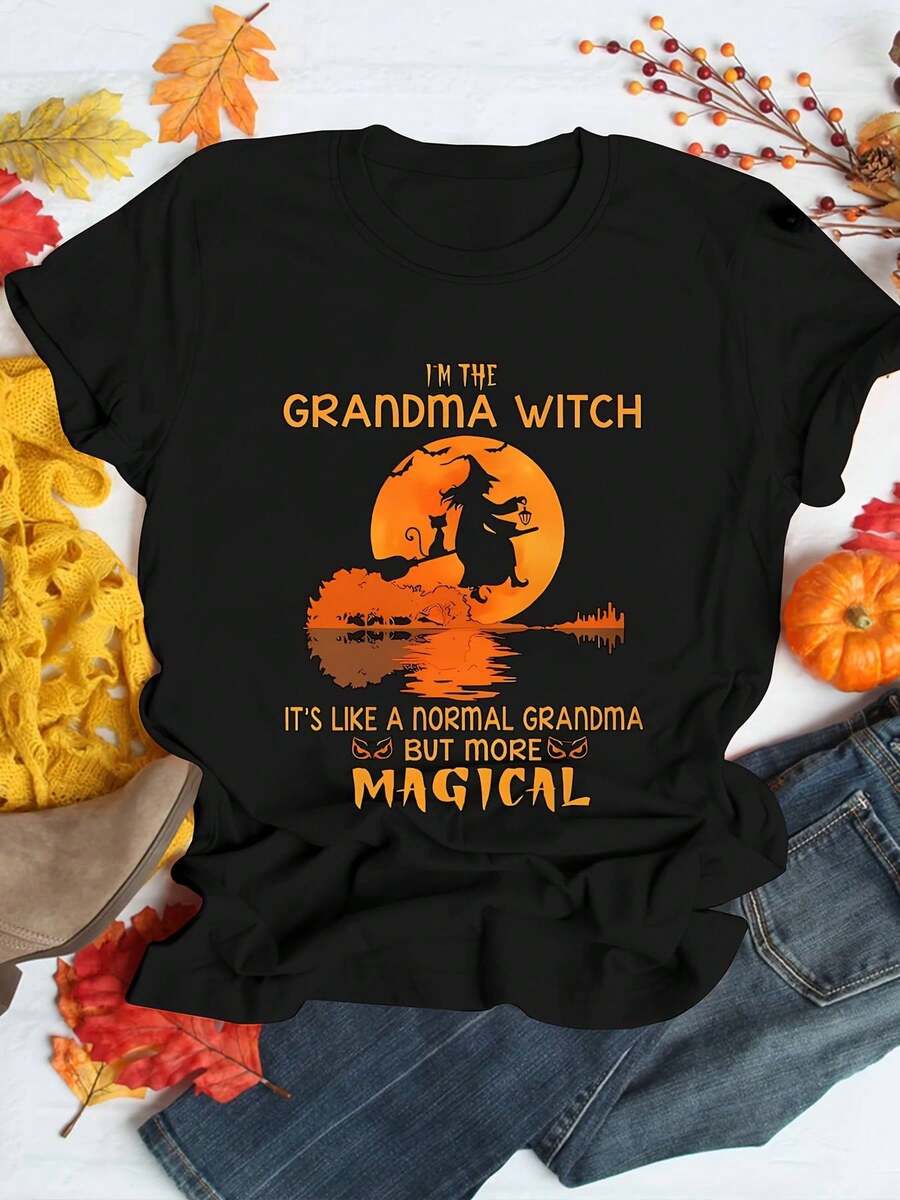 Camiseta de Halloween para mujer, ''Soy la bruja abuela'' estampado, manga corta, cuello redondo, estilo retro, camiseta casual de verano.